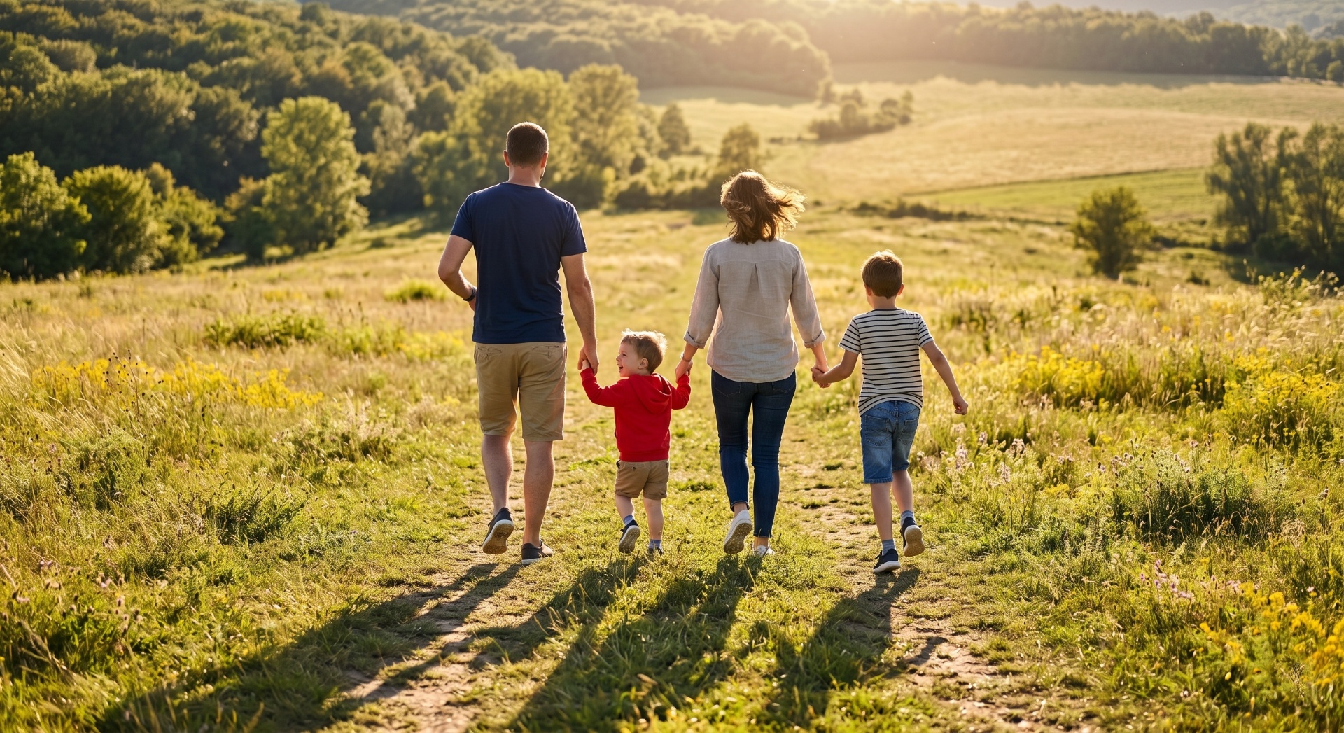 Familie plimbându-se împreună într-un parc