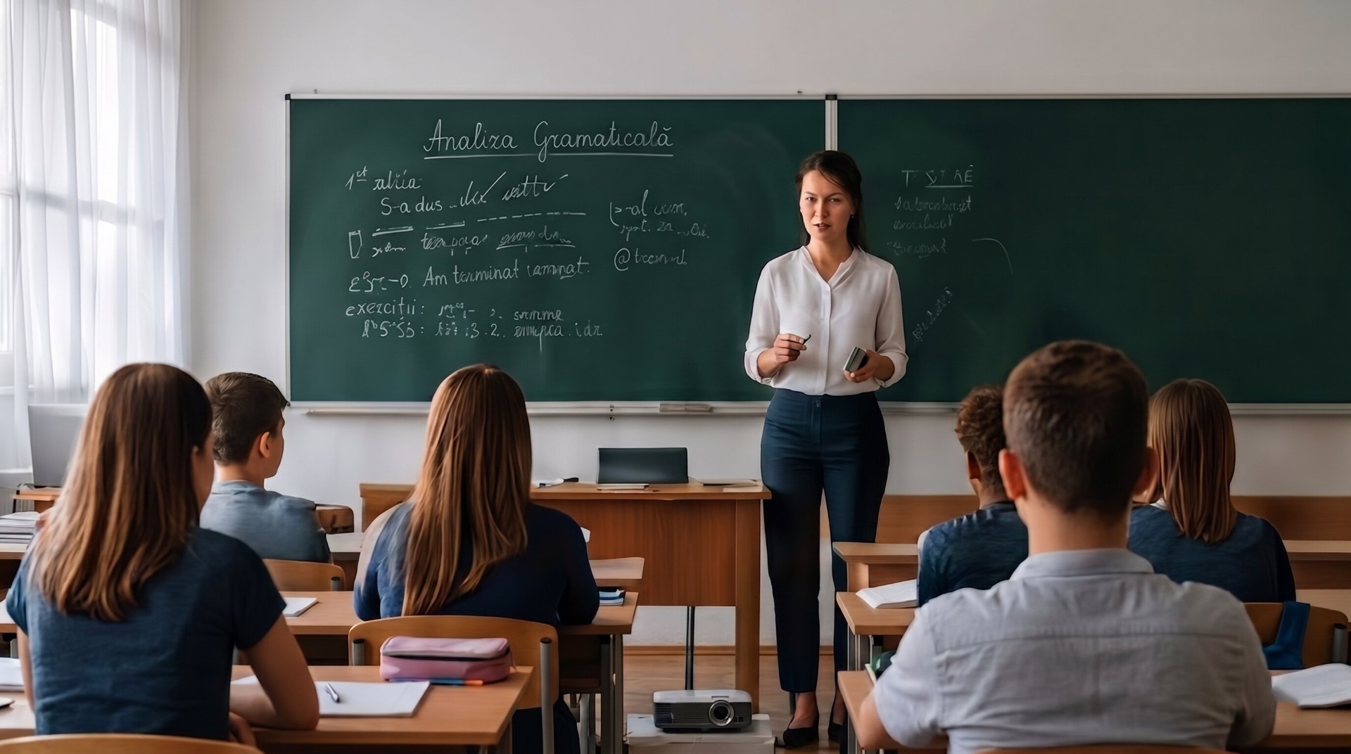 Scenă de clasă cu profesoară și elevi